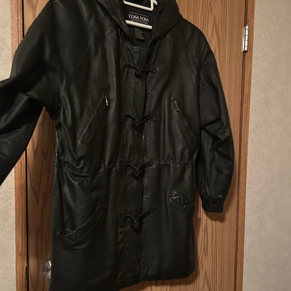Cosa Nova Black Leather Hooded Duffle Coat Medium - Picture 10 of 13